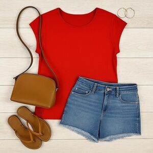 H&M | Red Cap Sleeve Linen Blend Tee with Side Lace Panels
